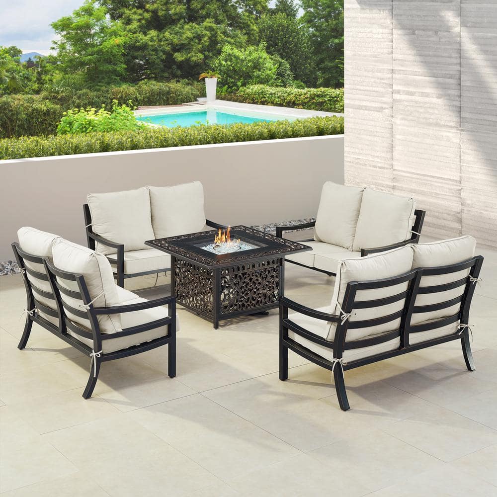 Black 6-Piece Aluminum Patio Fire Pit with 4-Deep Seating Loveseat Light Grey Cushions price history on PriceWatchPro