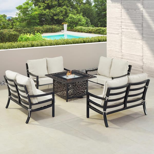 Oakland Living Black 6-Piece Aluminum Patio Fire Pit with 4-Deep Seating Loveseat Light Grey Cushions