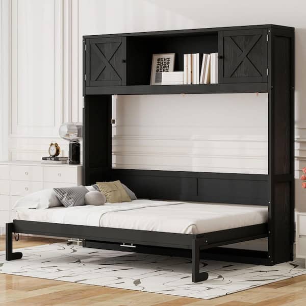 Black Wood Frame Full Size Murphy Bed with Storage Cabinets