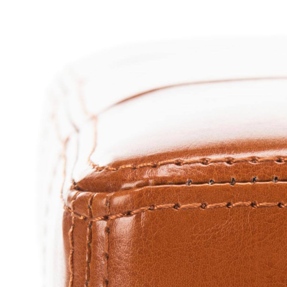 Saddle Brown Leather Tufted Storage Ottoman with Birch Wood