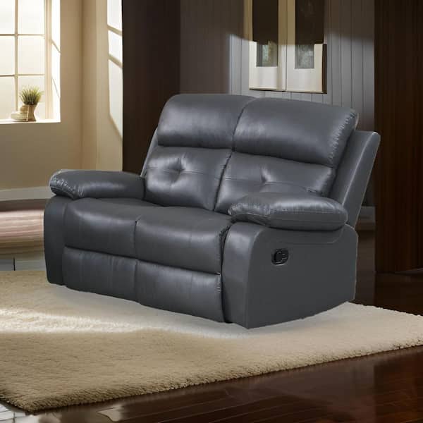Benjara 60 in. Pillow Top Arm Faux Leather Rectangle Manual Recliner Sofa in Gray