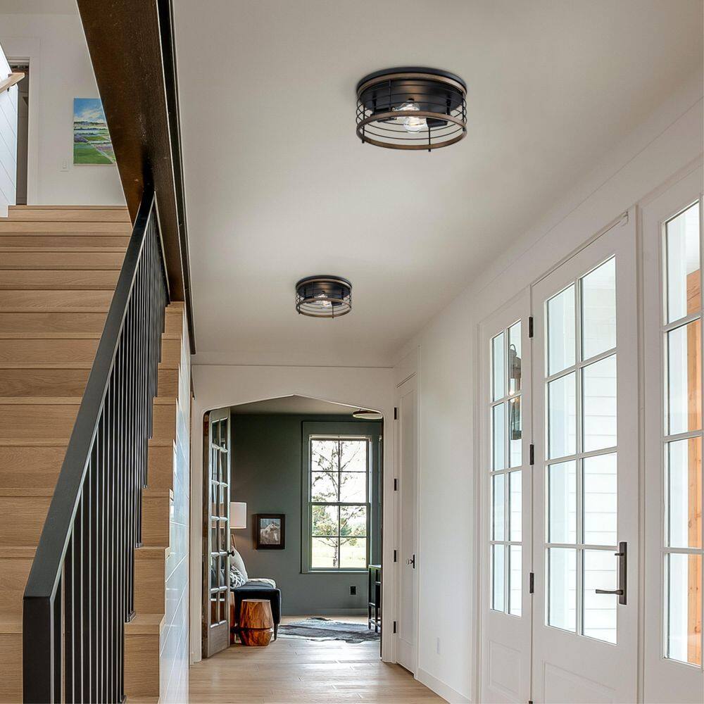 Matte Black and Barnwood 13" Flush Mount Drum Ceiling Light