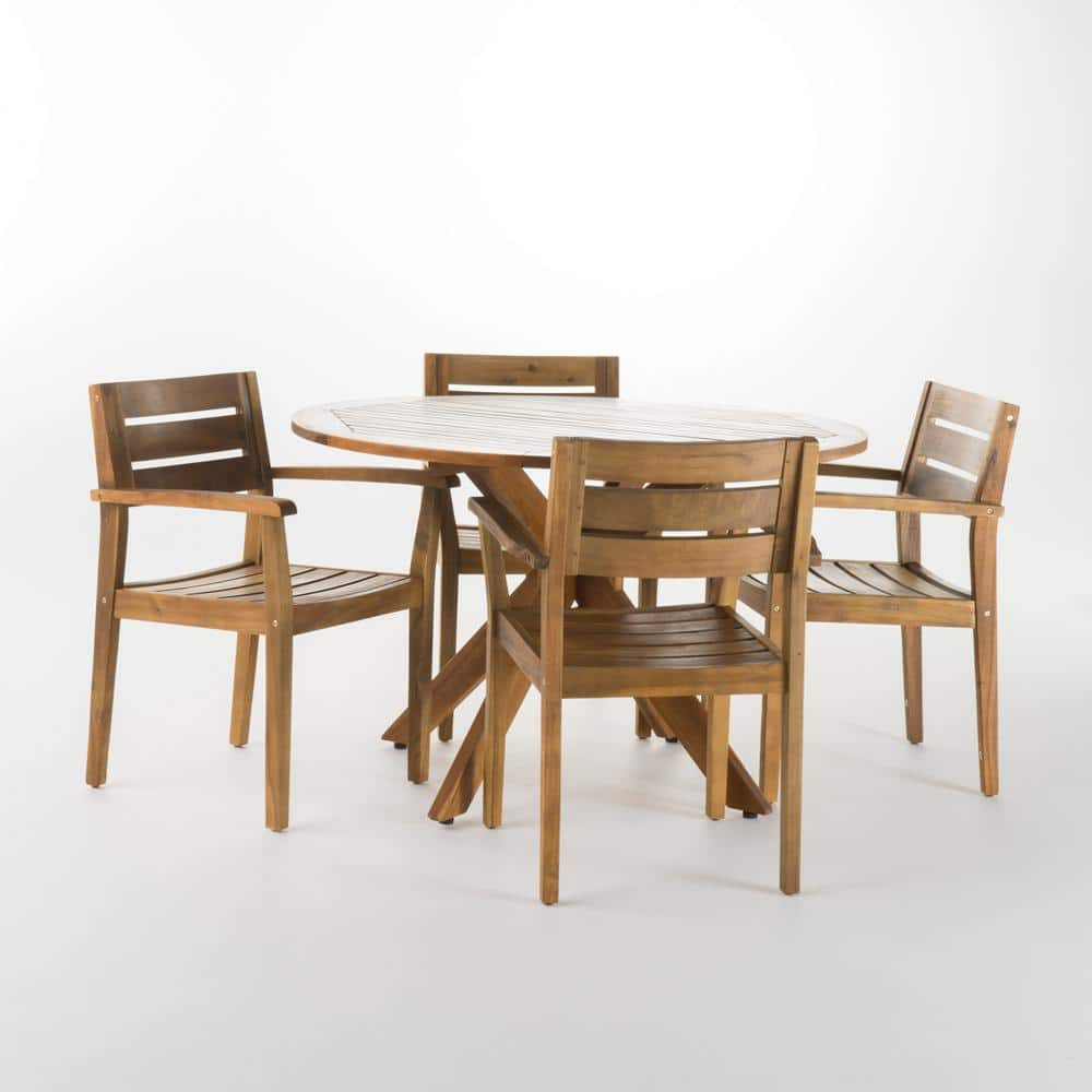 Darius 5-Piece Acacia Wood Round Outdoor Patio Dining Set -  Noble House, 13856