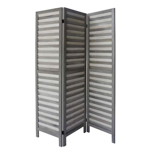 THE URBAN PORT 5.5 ft. Light Gray 3-Panel Foldable Wooden Room Divider Privacy Screen with Shutter Design and Metal Hinges