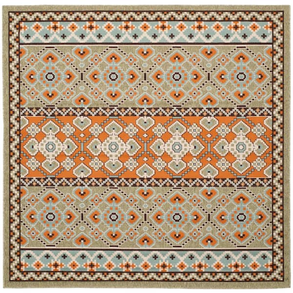 SAFAVIEH Veranda Green/Terracotta Doormat 3 ft. x 3 ft. Border Tribal Indoor/Outdoor Patio Square Area Rug