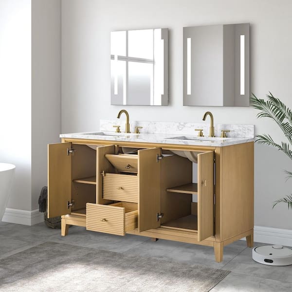 60 in. W x 34 in. H Double Sink Natural Oak Bath Vanity Cabinet with Arabescato White Engineered Marble Top