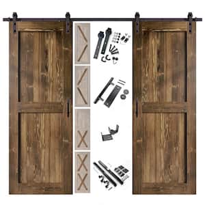 32 in. x 80 in. 5 in. 1 Design Walnut Double Pine Wood Interior Sliding Barn Door Hardware Kit, Non-Bypass