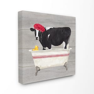 17 in. x 17 in. "Bath Time For Cows at Tub Red Black and Grey Painting" by Tara Reed Canvas Wall Art