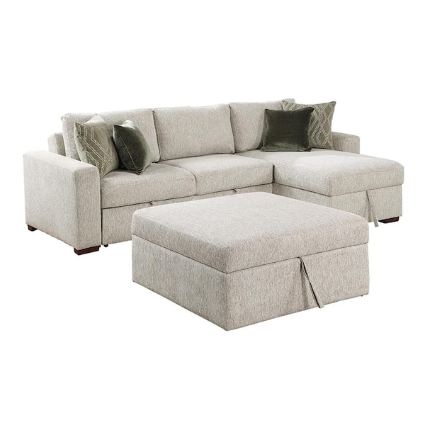 Lazzara Deleon 110.5 in. Straight Arm 3-Piece Microfiber Sectional Sofa with Reversible Chaise, Pull-out Bed and Ottoman in Sand