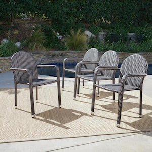 Aurora Multi-Brown Armed Faux Rattan Outdoor Dining Chair (4-Pack)