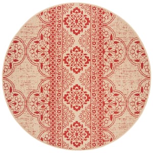 Beach House Red/Cream 4 ft. x 4 ft. Damask Floral Indoor/Outdoor Patio  Round Area Rug