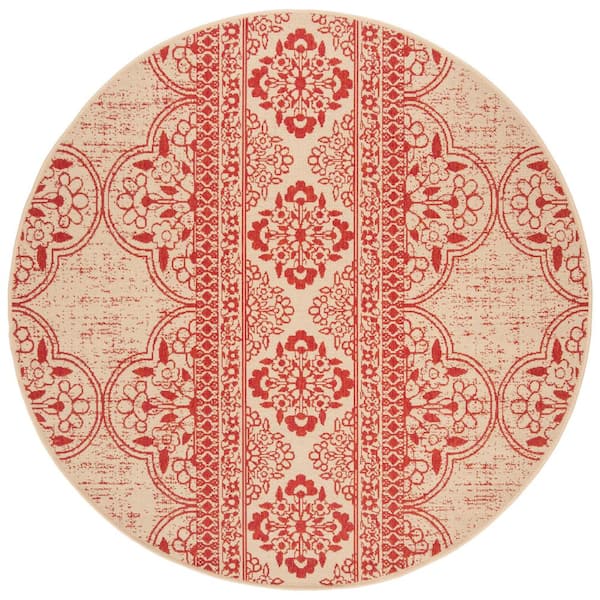SAFAVIEH Beach House Red/Cream 4 ft. x 4 ft. Damask Floral Indoor/Outdoor Patio  Round Area Rug