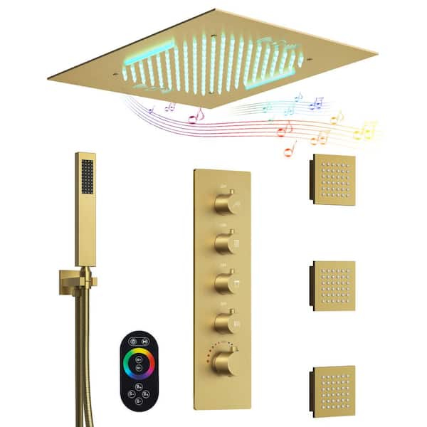 Thermostatic 15-Spray 20 in. Square LED Mood Lighting Bluetooth Music Shower System with Valve in Brushed Gold