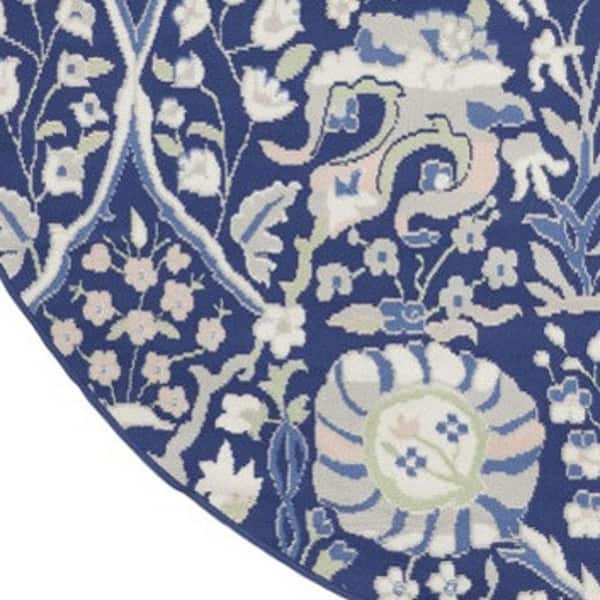 8 ft. Round Blue Floral Washable Area Rug