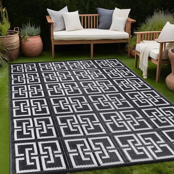 9 X 12 Black White Lightweight Greek Keys Reversible Plastic Indoor Outdoor Area Rug