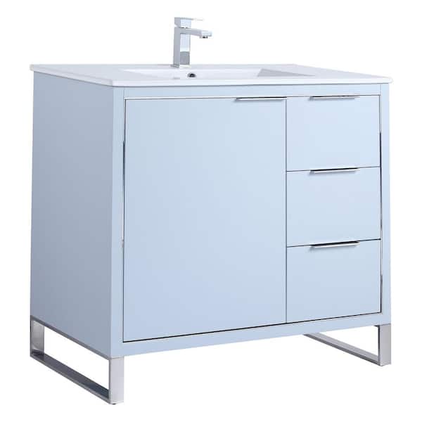 FINE FIXTURES Opulence 36 in. W x 18 in. D x 33.5 in H. Bath Vanity in Pastel Blue with White Ceramic single sink Top