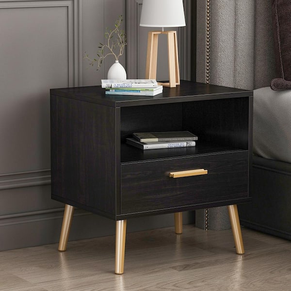 FUFU&GAGA 1-Drawer Black Nightstand Storage Compartment Sofa Side End Table Bedside 20 in. H x 19.5 in. W x 15.6 in. D