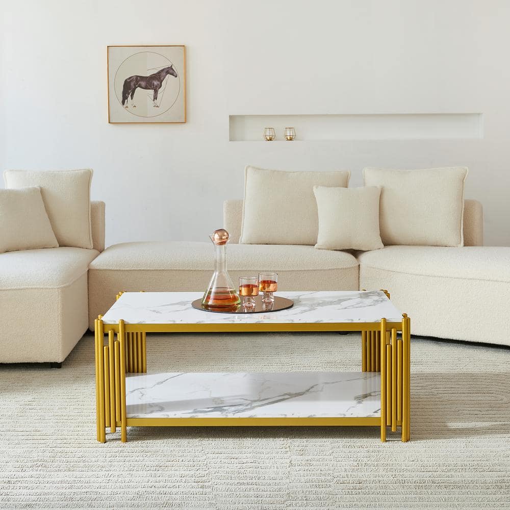 Gold 45 in. Rectangle Marbling Wood Coffee Table with 2-Tier Shelf Modern W