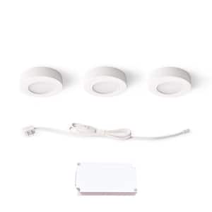 Plug-In 3-Light White Dimmable Integrated LED Under Cabinet Puck Light with J-box