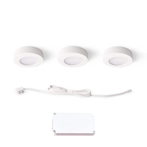 Plug-In 3-Light White Dimmable Integrated LED Under Cabinet Puck Light with J-box