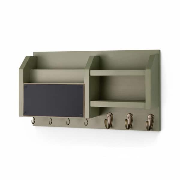 16.5 in. W x 4.2 in. D Sage Green Solid Wood Decorative Wall Shelf, Mail and Key Holder with 7-Metal Hooks