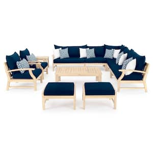 Kooper 11-Piece Wood Patio Deep Seating Conversation Set with Sunbrella Navy Blue Cushions