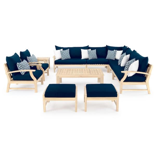RST BRANDS Kooper 11-Piece Wood Patio Deep Seating Conversation Set with Sunbrella Navy Blue Cushions