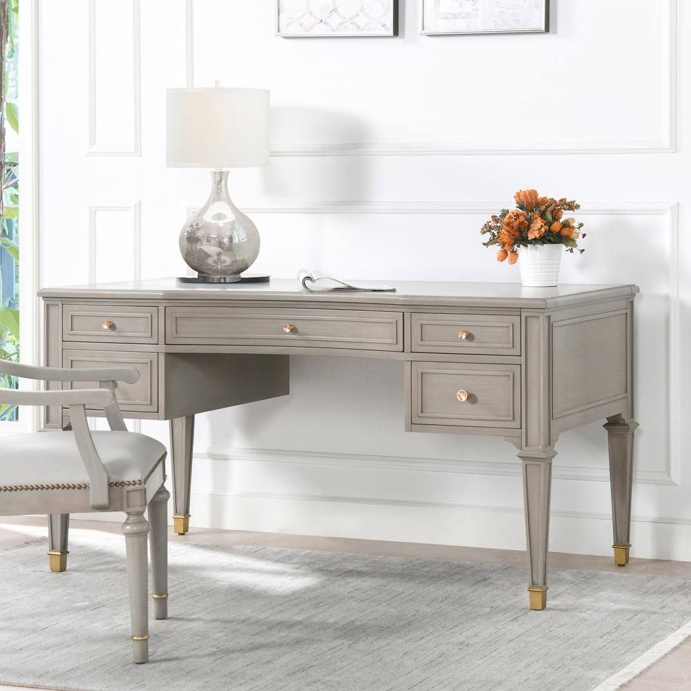 Jennifer Taylor Dauphin Grey Cashmere Gold Accent 5Drawer Wood Desk