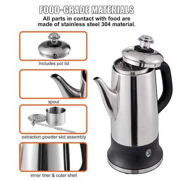 VEVOR 12-Cup Electric Percolator Coffee Pot, 304 Stainless Steel Coffee Percolator with Keep Warm Function & Heat-Resistant Handle