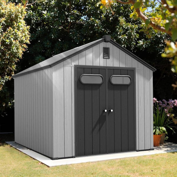 8 ft. x 10 ft. Resin Outdoor Garden Storage Shed w/ Floor (80 sq. ft. ), Windows, Drainage and Air Vent in Light Gray
