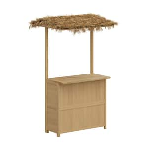 Outdoor Wooden Island Bar with Thatched Roof Bar Table and Storage Space for Dining and Drinking, Natural