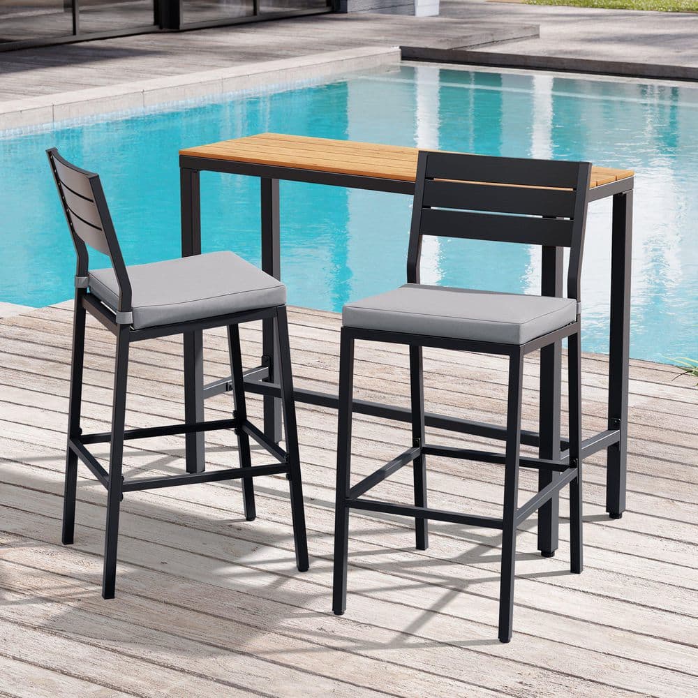 3-Piece Metal Outdoor Serving Bar Set with 42.91 in. L. Table and 2 Stools with Backrest and Removable Cushions in Gray price history on PriceWatchPro