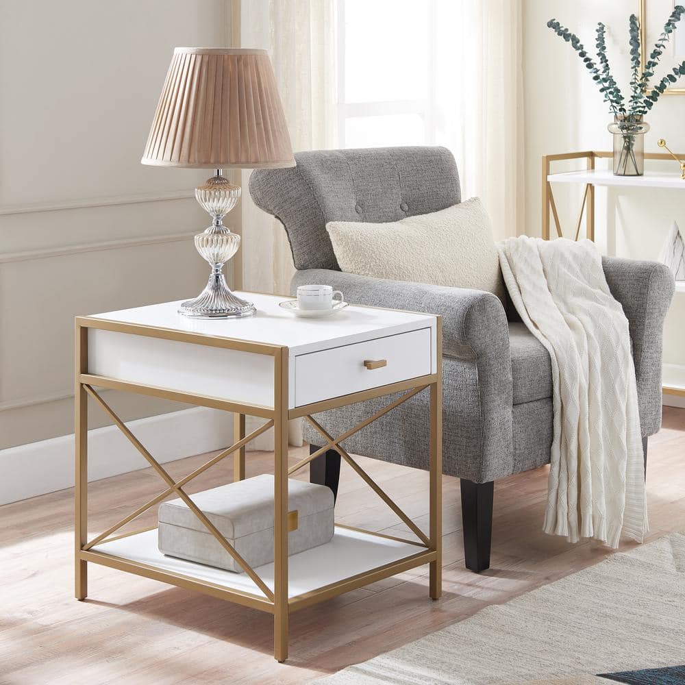 Claudette Gold Metal Frame and White Wood Top End Table with Drawer