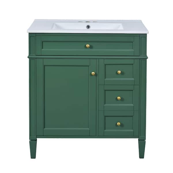 Virubi 30 in. W Single Sink Green Bath Vanity with White Ceramic Top, Tip-Out Drawer, Adjustable Shelf