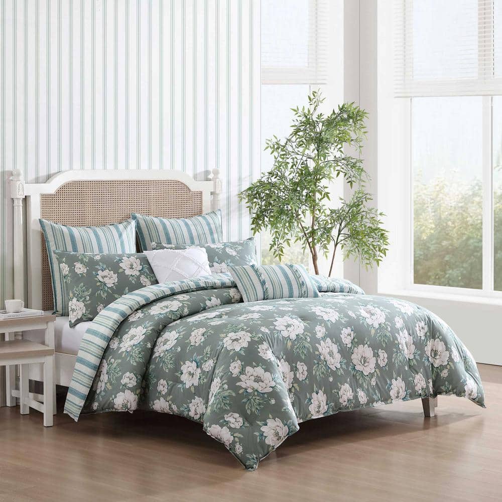Ivory and Sage Green Cotton Twin Reversible Comforter Set