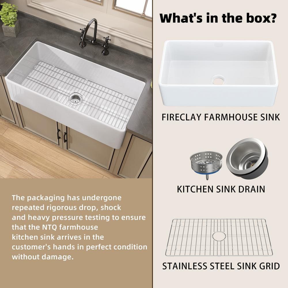 33" White Fireclay Farmhouse Apron-Front Kitchen Sink with Accessories