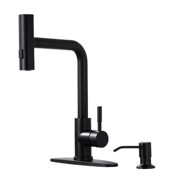3 Modes Single Handle Waterfall Pull Down Sprayer Kitchen Faucet with Soap Dispenser in Matte Black