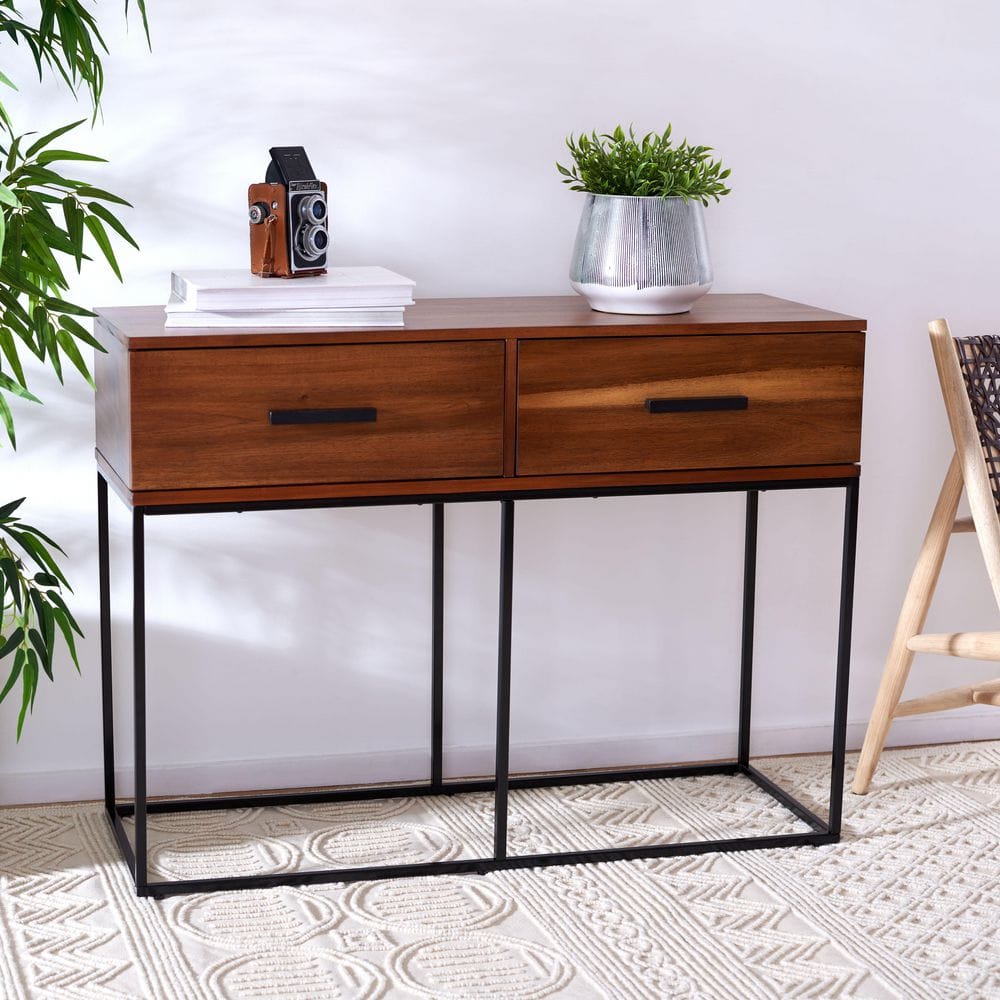 Marquise Brown Mahogany and Black Metal Console Table with Storage