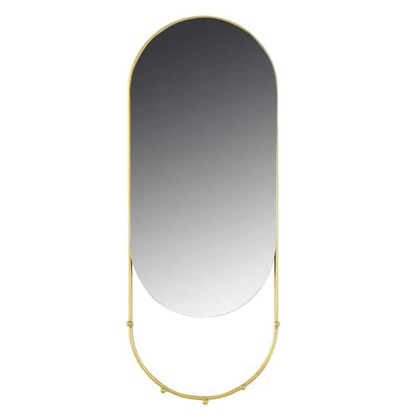 FABULAXE 6 in. W x 16 in. H Farmless Modern Gold Oval Metal Hanging Rounded Wall Mirror with Jewelry Hooks