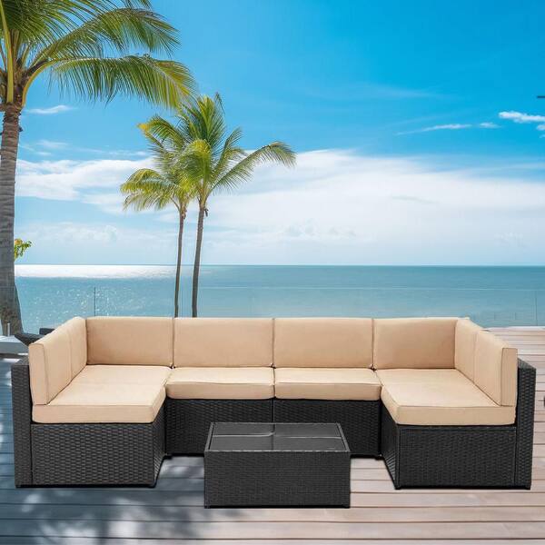 Sudzendf 7-Pieces Black Wicker Outdoor Sofa Sectional Set with