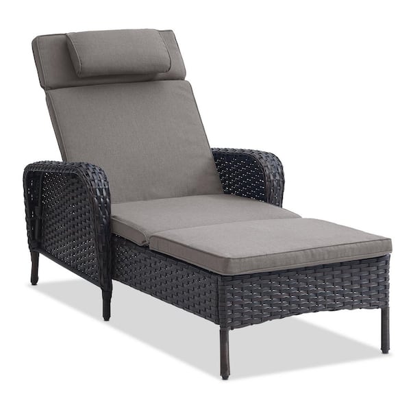 Brown Wicker Outdoor Folding Chaise Lounge Chair Fully Flat for Patio with CushionGuard Gray Seat Back Cushion
