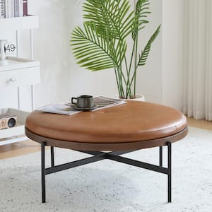 Stratum Modern Upholstered PU Leather Round Ottoman, Iron Base, Brown + Black