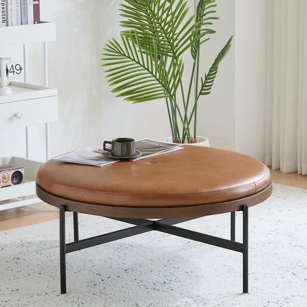 CHRISTOPHER KNIGHT HOME Stratum Modern Upholstered PU Leather Round Ottoman, Iron Base, Brown + Black