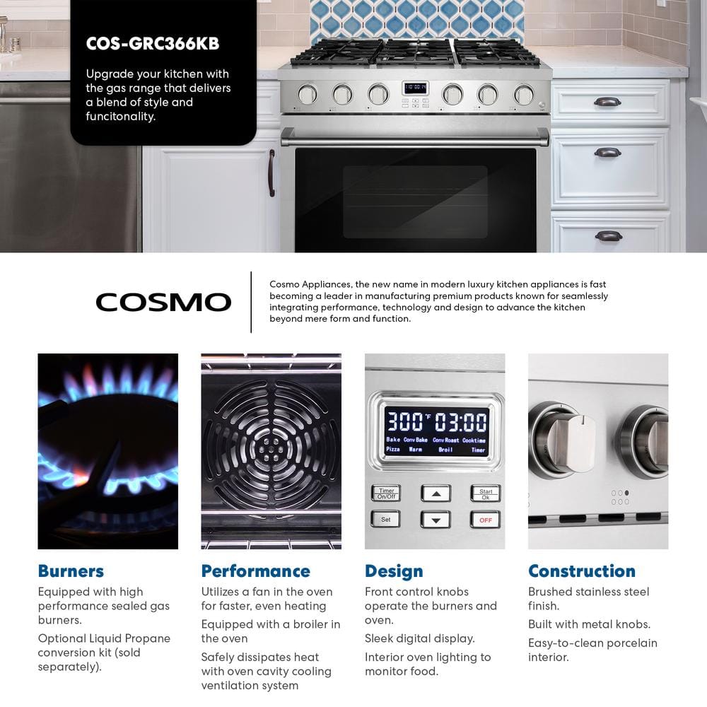36" Stainless Steel Freestanding Gas Range with Convection Oven