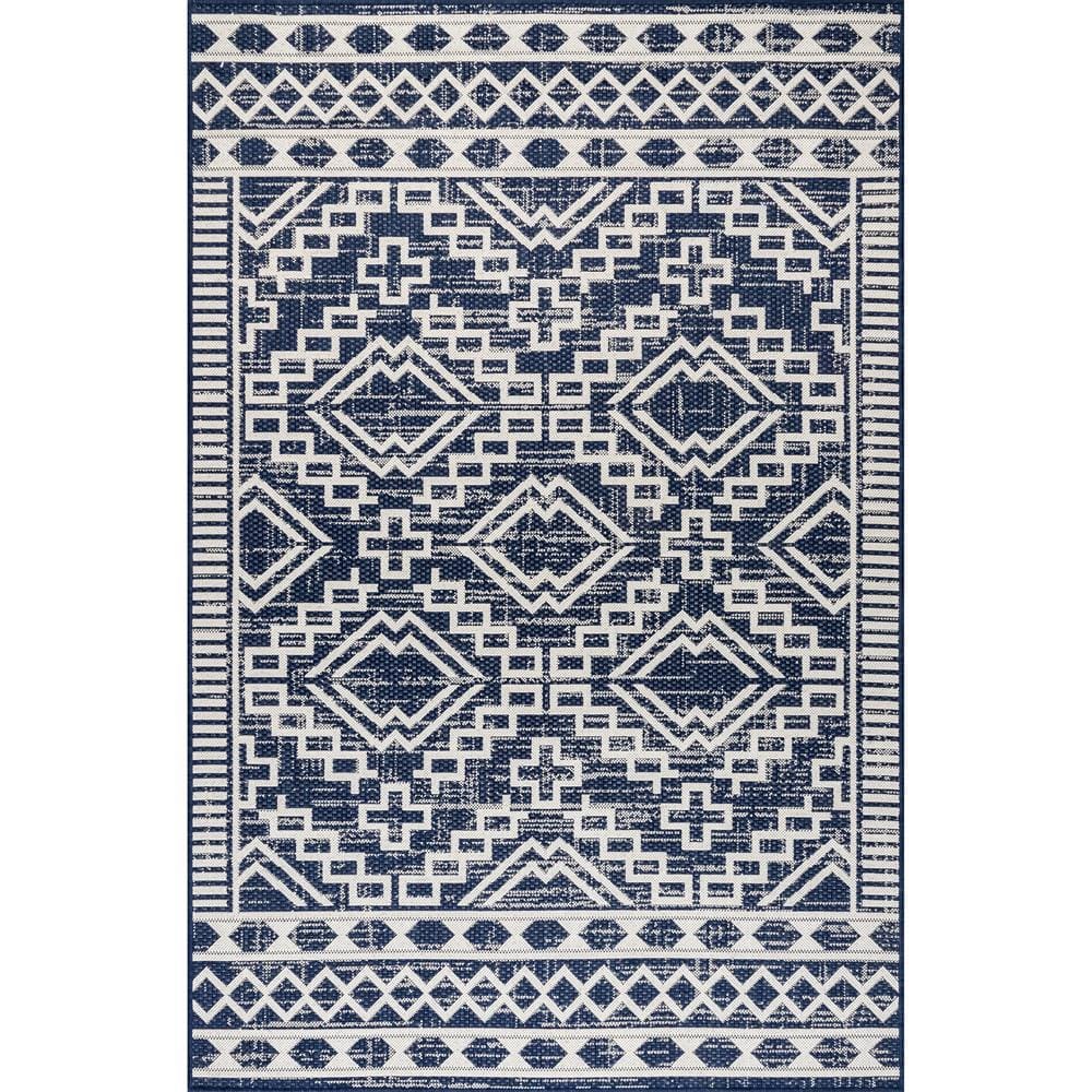 Navy and Ivory Synthetic Diamond Pattern Runner Rug, 2' x 8'
