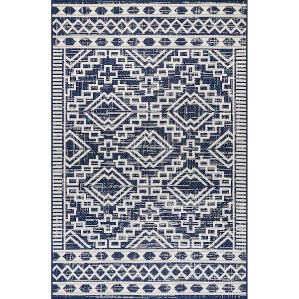 Cari Moroccan Tribal Navy 9 ft. 6 in. x 12 ft. Indoor/Outdoor Patio Area Rug