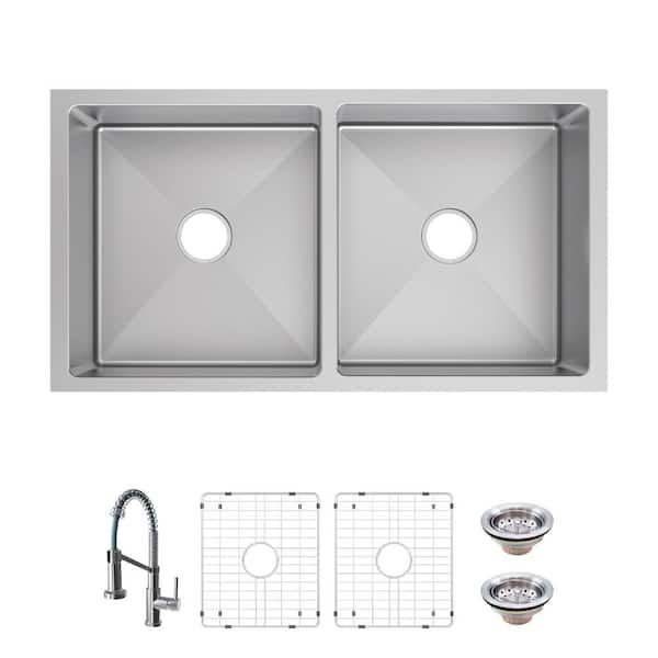 Glacier Bay Tight Radius 36 in. Undermount 50/50 Double Bowl 18 Gauge Stainless Steel Kitchen Sink with Spring Neck Faucet