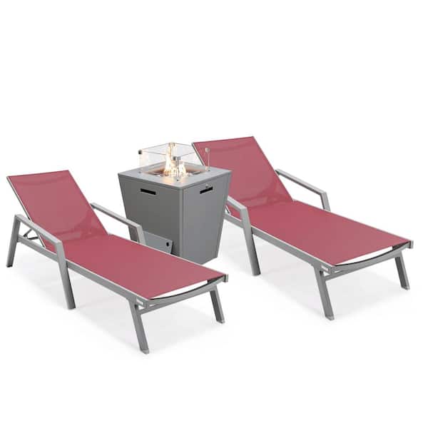 Leisuremod Marlin Modern Grey Aluminum Outdoor Chaise Lounge Chair With Arms Set of 2 and Fire Pit Table, Burgundy