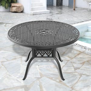 47.24 in. Black Cast Aluminum Patio Outdoor Dining Table with Umbrella Hole