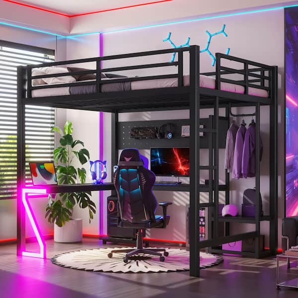 Black Full Loft Bed with L-Shaped Desk and USB Ports, Computer Tray